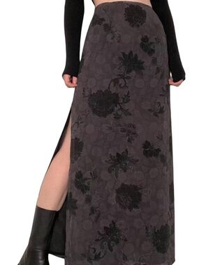 Women's Dark Charcoal Floral Maxi Skirt with Side Slit